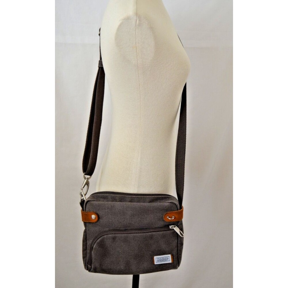Travelon RFID Anti Theft Gray Canvas & Suede Crossbody Shoulder Bag Travel
